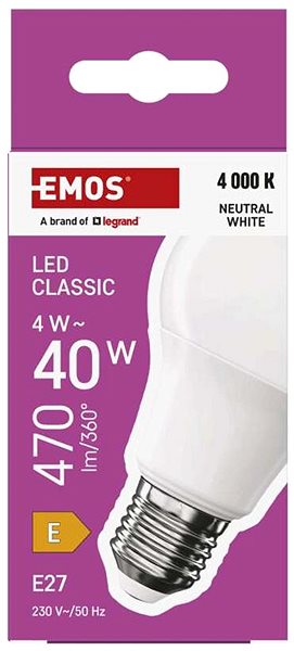 LED žiarovka EMOS Classic A60, E27, 4 W (40 W), 470 lm, neutrálna biela ...