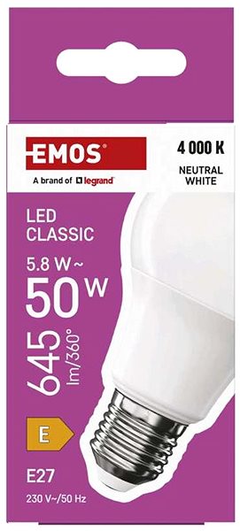 LED izzó EMOS Classic A60, E27, 5,8 W (50 W), 645 lm, semleges fehér ...