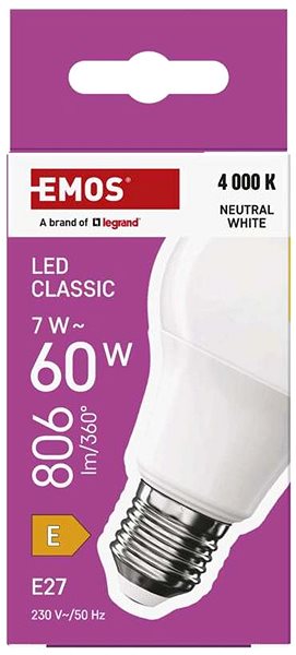 LED žiarovka EMOS Classic A60, E27, 7 W (60 W), 806 lm, neutrálna biela ...