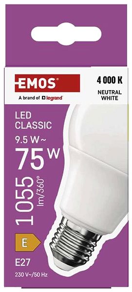 LED žiarovka EMOS Classic A60, E27, 9,5 W (75 W), 1055 lm, neutrálna biela ...
