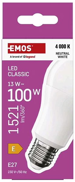 LED izzó EMOS Classic A60, E27, 13 W (100 W), 1521 lm, semleges fehér ...