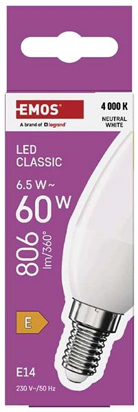 LED žiarovka EMOS Classic sviečka, E14, 6,5 W (60 W), 806 lm, neutrálna biela ...