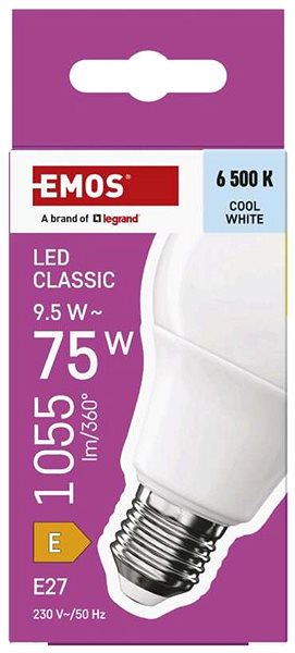 LED žiarovka EMOS Classic A60, E27, 9,5 W (75 W), 1055 lm, studená biela ...