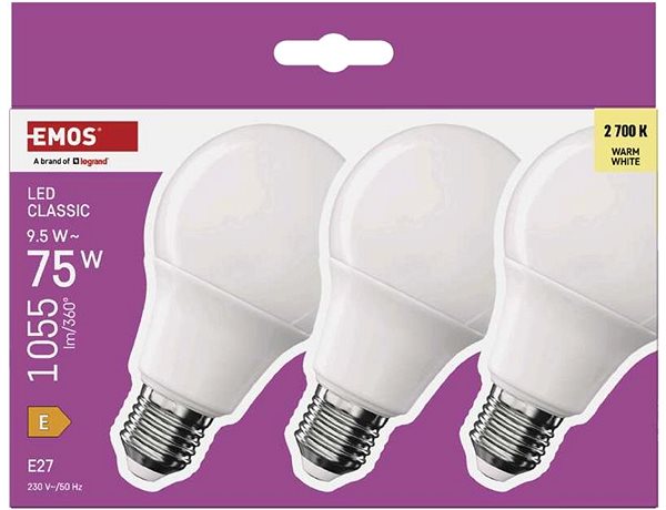 LED žiarovka EMOS Classic A60, E27, 9,5 W (75 W), 1055 lm, teplá biela – balenie 3 ks ...
