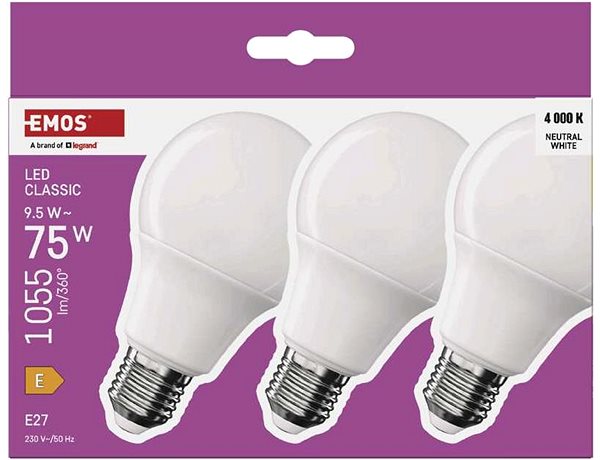 LED žiarovka EMOS Classic A60, E27, 9,5 W (75 W), 1055 lm, neutrálna biela – balenie 3 ks ...