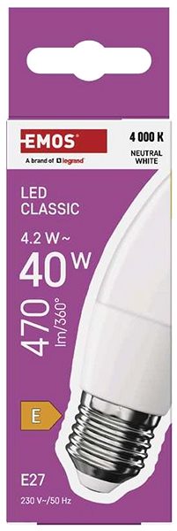 LED žiarovka EMOS Classic sviečka, E27, 4,2 W (40 W), 470 lm, neutrálna biela ...