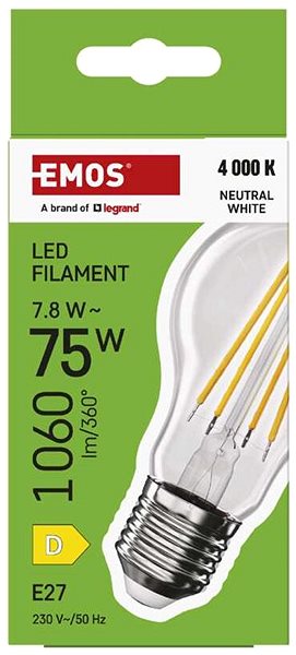 LED izzó EMOS Filament A60 / E27 / 7,8 W (75 W) / 1060 lm / semleges fehér ...