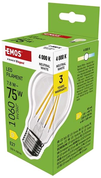 LED izzó EMOS Filament A60 / E27 / 7,8 W (75 W) / 1060 lm / semleges fehér ...