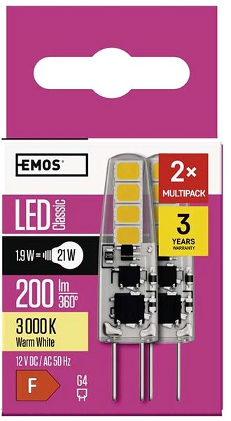 LED žiarovka EMOS Classic JC G4 1,9 W (21 W) 200 lm, teplá biela – balenie 2 ks ...