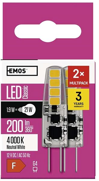 LED žiarovka EMOS Classic JC G4 1,9 W (21 W) 200 lm, neutrálna biela – balenie 2 ks ...
