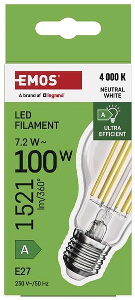 LED izzó EMOS A60 A CLASS E27, 7,2W, 1521 lm, semleges fehér ...