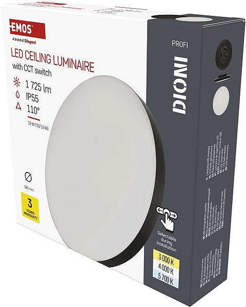 Ceiling light EMOS DIONI LED circular, black, 15 W, with CCT change (cold/neutral/warm white) .