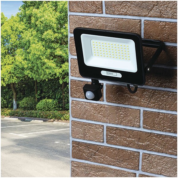 LED Reflector EMOS GLARO with motion sensor, 50 W, black, IP54, 5000 lm, neutral white ...