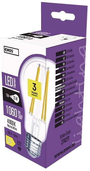 LED Bulb EMOS LED filament lamp A60 A ++ 8W E27 neutral white Packaging/box