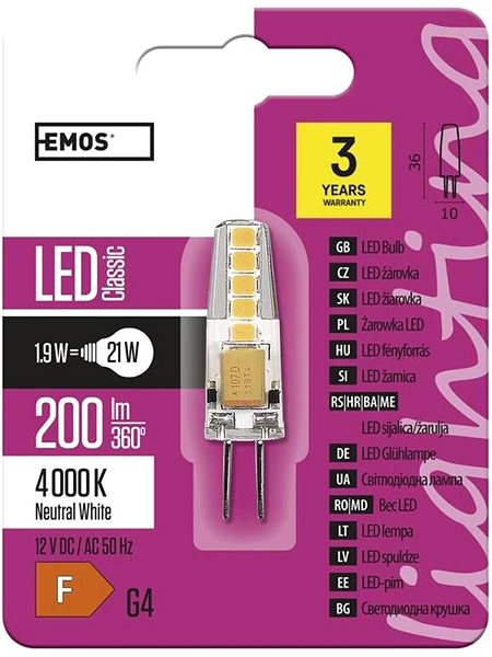 LED izzó EMOS LED izzó Classic JC A++ 2W G4 természetes fehér Csomagolás/doboz