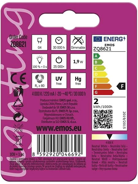 LED izzó EMOS LED izzó Classic JC A++ 2W G4 természetes fehér Jellemzők/technológia