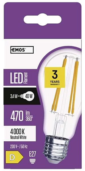 LED-Birne EMOS LED Glühbirne Filament A60 3,4 Watt E27 - neutralweiß ...