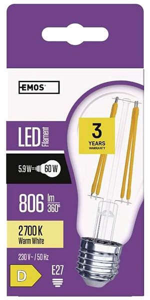 LED žiarovka EMOS LED žiarovka Filament A60 5,9W E27 teplá biela ...