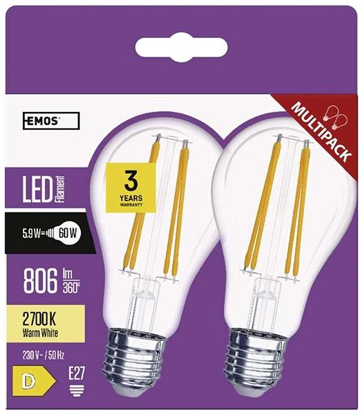LED žiarovka EMOS LED žiarovka Filament A60 5,9W E27 teplá biela ...