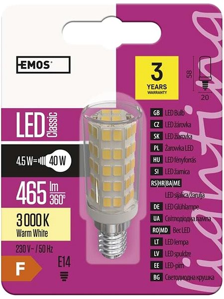 LED žiarovka EMOS LED žiarovka Classic JC A++  4,5 W E14 teplá biela Obal/škatuľka