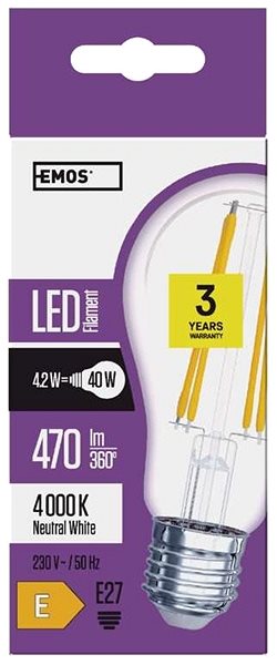 LED žiarovka EMOS LED žiarovka Filament A60 4 W E27 neutrálna biela Vlastnosti/technológia