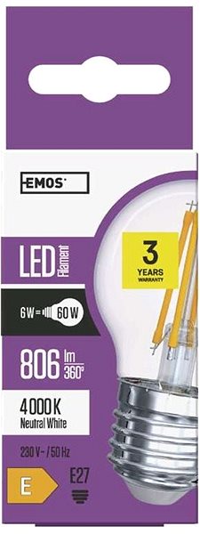 LED žiarovka EMOS LED žiarovka Filament Mini Globe 6 W E27 neutrálna biela Vlastnosti/technológia