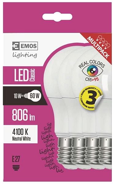 LED izzó EMOS LED izzó Classic A60 10W E27 semleges fehér Ra95 Jellemzők/technológia