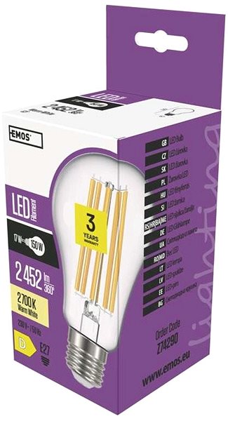 LED žiarovka EMOS LED žiarovka Filament A67 A++ 17 W E27 teplá biela Obal/škatuľka