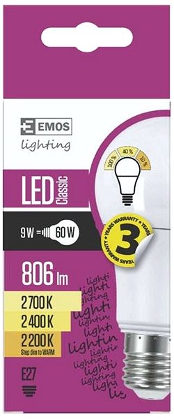 LED žiarovka EMOS LED žiarovka Classic A60 9 W E27 teplá biela, stmievateľná Vlastnosti/technológia