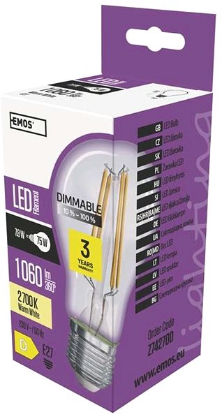 LED Bulb EMOS LED Bulb Filament A60 8.5W E27 Warm White, Dimmable Packaging/box