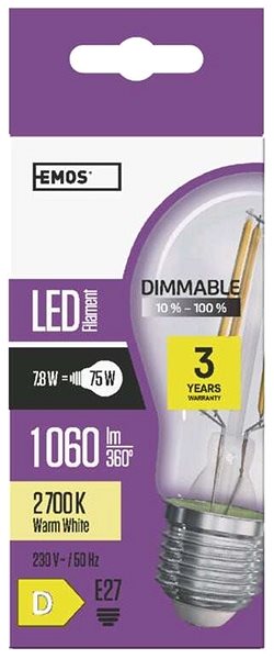 LED-Birne EMOS LED-Lampe Filament A60 8,5 W E27 warmweiß, dimmbar Mermale/Technologie
