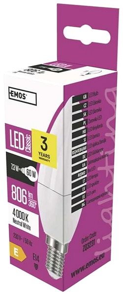 LED izzó EMOS LED izzó Klasszikus gyertya 8W E14 semleges fehér Csomagolás/doboz
