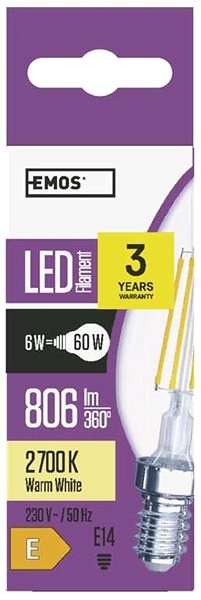 LED žiarovka EMOS LED žiarovka Filament Candle 6 W E14 teplá biela Vlastnosti/technológia