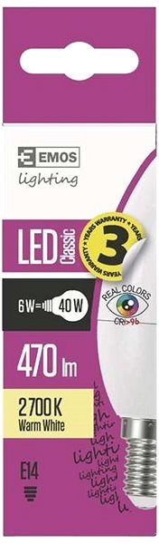 LED izzó EMOS LED izzó Klasszikus gyertya 6W E14 melegfehér Ra96 Jellemzők/technológia