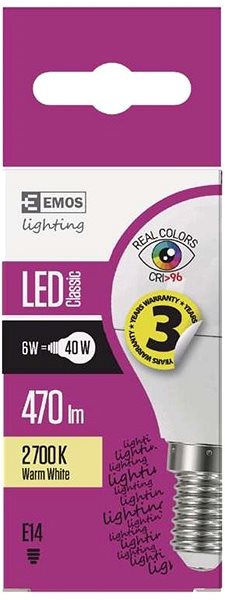 LED Bulb EMOS LED Bulb Classic Mini Globe 6W E14 Warm White Ra96 Features/technology