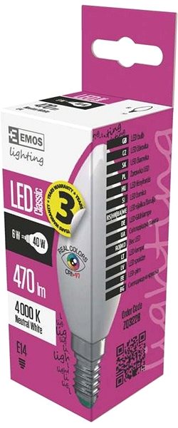 LED žiarovka EMOS LED žiarovka Classic Candle 6 W E14 neutrálna biela Ra96 Obal/škatuľka