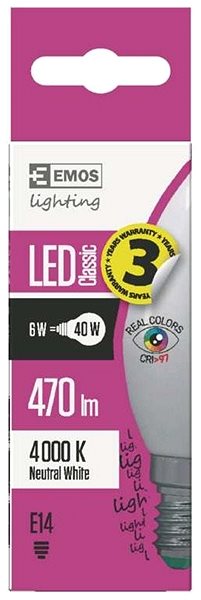 LED izzó EMOS LED izzó Klasszikus gyertya 6W E14 semleges fehér Ra96 Jellemzők/technológia