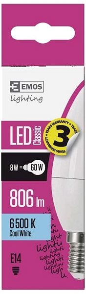 LED žiarovka EMOS LED žiarovka Classic Candle 8 W E14 studená biela Vlastnosti/technológia