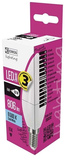 LED-Birne EMOS LED Birne Classic Candle 8 Watt E14 kaltweiß Verpackung/Box