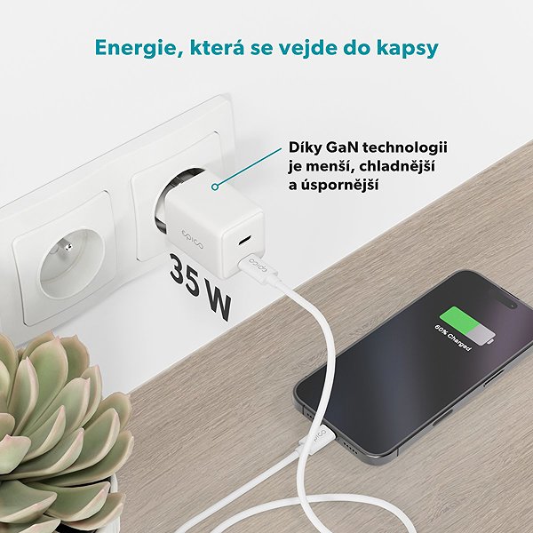 Nabíjačka do siete Epico UltraBoost GaN 35 W sieťový adaptér EA35 s 1,2 m USB-C na USB-C káblom – biely ...