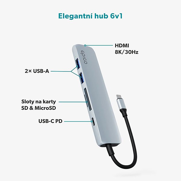 USB Hub Epico 6v1 hliníkový hub 8K s USB-C konektorem - blankytně modrá ...