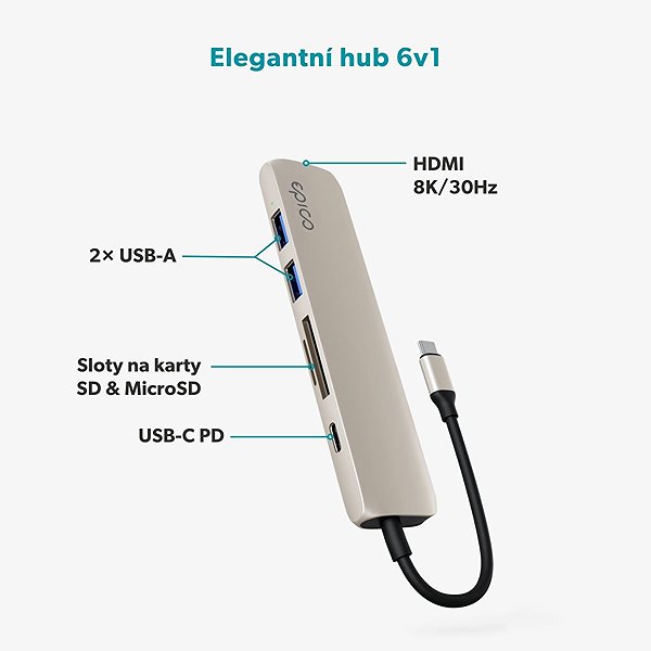 USB Hub Epico 6v1 hliníkový hub 8K s USB-C konektorem - hvězdně bílá ...