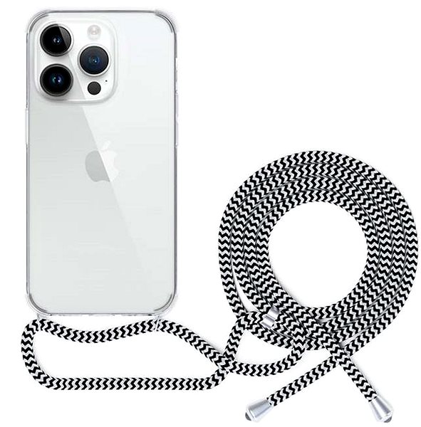Telefon tok Spello Crossbody iPhone 15 átlátszó tok fekete-fehér zsinórral ...