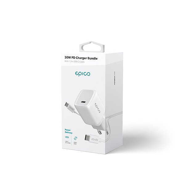 AC Adapter Epico 30W PD Charger Bundle with USB-C to USB-C Cable 1.2m - White ...