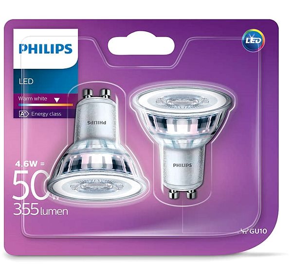 LED izzó Philips LED Classic 4.6-50 W, GU10, 2700 K, 2 db-os készlet Csomagolás/doboz