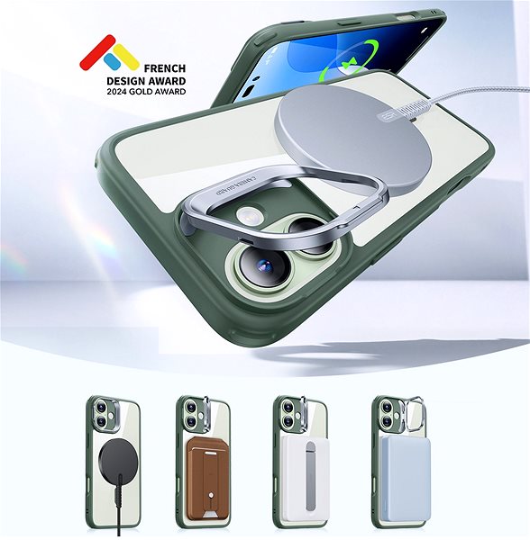 Handyhülle ESR Classic Hybrid Case with Stash Stand (HaloLock), Compatible with iPhone 16, Clear Green ...