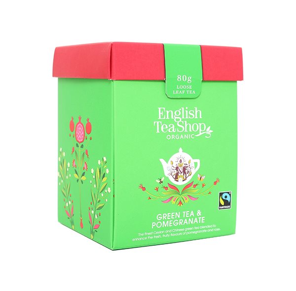 Tea English Tea Shop Papírdobozos zöld tea gránátalmával, 80 gramm, laza tea.