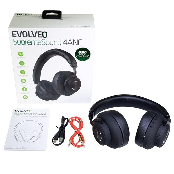 Vezeték nélküli fül-/fejhallgató EVOLVEO SupremeSound 4ANC fekete Csomag tartalma