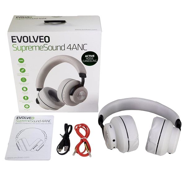 Vezeték nélküli fül-/fejhallgató EVOLVEO SupremeSound 4ANC szürke Csomag tartalma