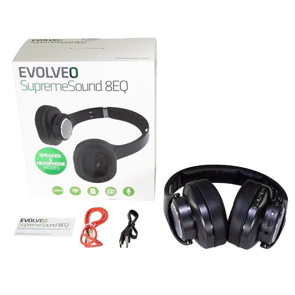 Vezeték nélküli fül-/fejhallgató EVOLVEO SupremeSound 8EQ 2in1 hangszóróval, fekete Csomag tartalma
